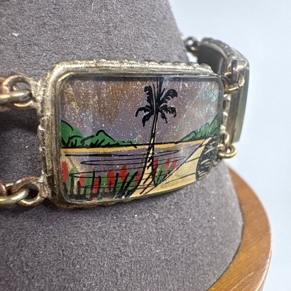 VTG 900 Silver Blue Morpho Butterfly Wings Hand Painted Tropical Scene Bracelet - Picture 3 of 12